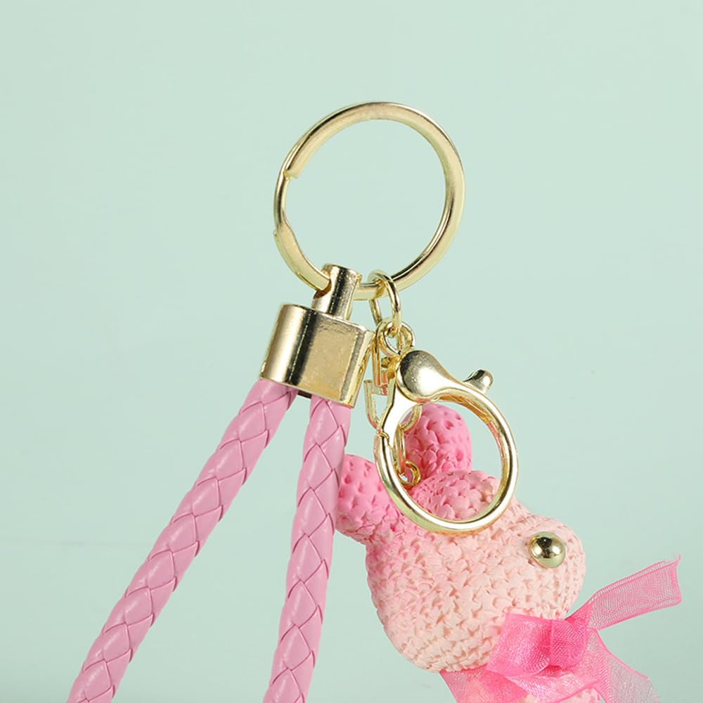 S.A.V.I Cute Pink Bunny Resin Keychain with Bow & PU Leather Strap | Stylish Golden Ring & Bell Charm | Bag, Purse & Car Key Holder for Girls & Women – Lightweight 56g (6cm)