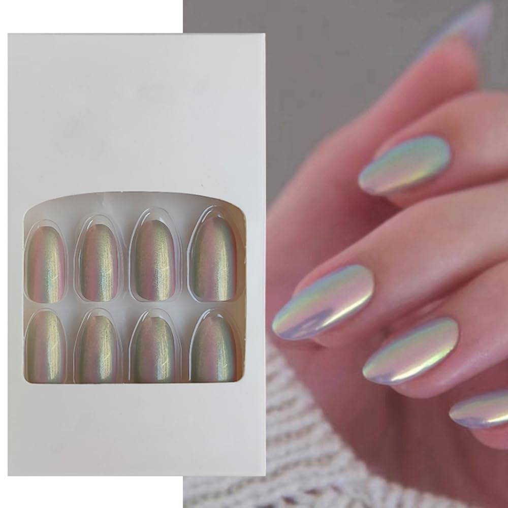 S.A.V.I 24pc Chrome Silver Aurora Press-On Nails - Medium Round with Adhesive Tabs  Glue