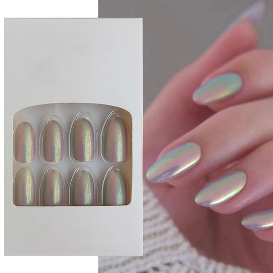 S.A.V.I 24pc Chrome Silver Aurora Press-On Nails - Medium Round with Adhesive Tabs  Glue