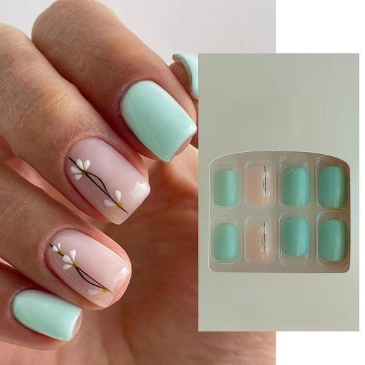 S.A.V.I 24Pc Mint  Nude Floral Short Square Press-On Nails - Adhesive Tabs  Glue Included
