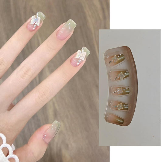 S.A.V.I Long Coffin Press-On Nails - 24 PCs Gradient Nude  Green with 3D Butterfly Charm | Reusable Fake Nails for Women | Stylish Nail Art for Weddings, Parties | Durable  Chic