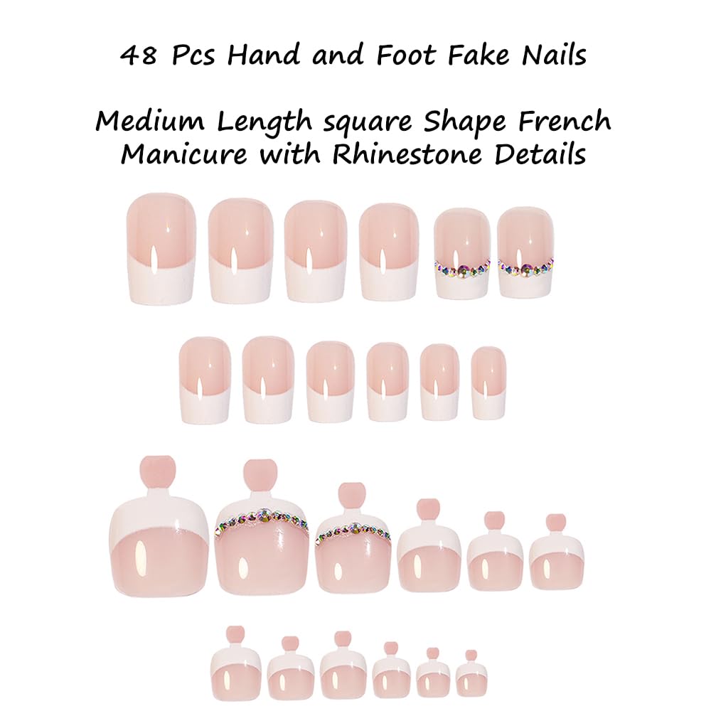 S.A.V.I 48 Pcs French Tip Fake Nails for Hands & Feet | Nude Pink White Press On Nails with Rhinestones | Medium Square Shape | Reusable Nail Art Kit for Women & Girls | Manicure Set