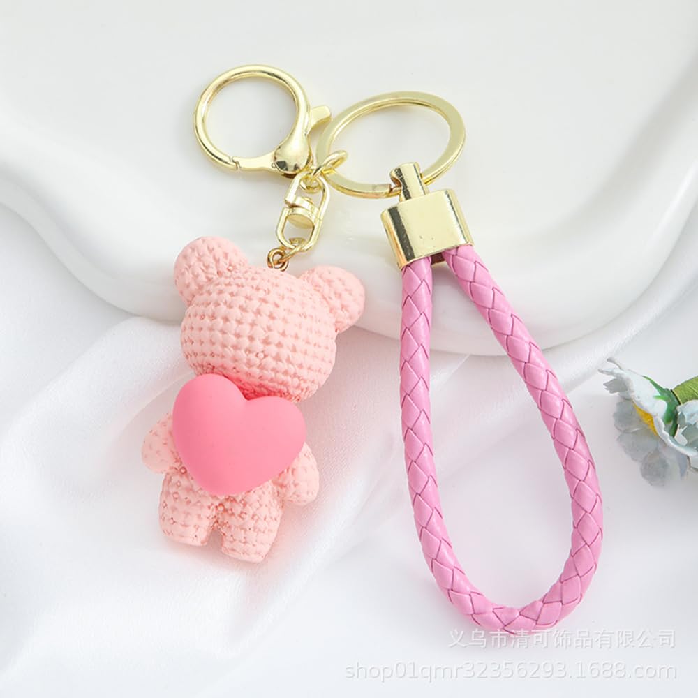 S.A.V.I Cute Pink Bear Keychain with Heart Charm | Resin Mini Teddy Pendant 6cm | Braided PU Leather Wrist Strap | Lightweight Gold Key Ring for Girls, Women (Pink)