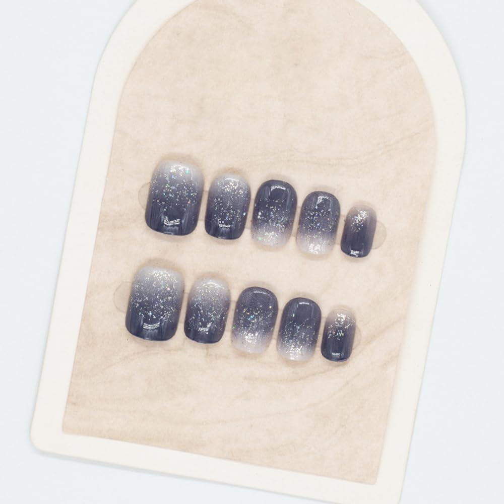 S.A.V.I 24 Pcs Press-On Nails for Women – Gradient Grey & Navy Blue Short Fake Nails with Glitter | Glossy Natural Shape Reusable Nail Art Kit | Includes Nail Glue & Adhesive Tabs | DIY Manicure