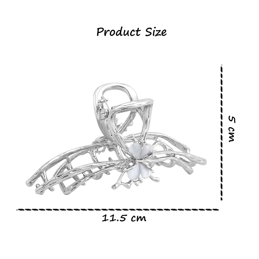 S.A.V.I Silver Butterfly Hair Claw Clip for Women & Girls | 11.5cm Large Metal Clutcher for Thick Hair | Strong Grip Floral Design Bun Holder | Stylish Hair Accessory for Daily