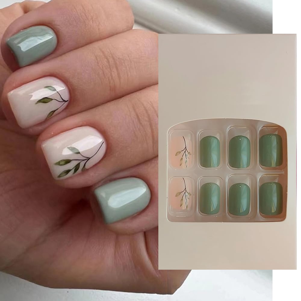 S.A.V.I 24 PCs Mint  Nude Leaf Square Press-On Nails - Short, Includes Adhesive Tabs  Glue