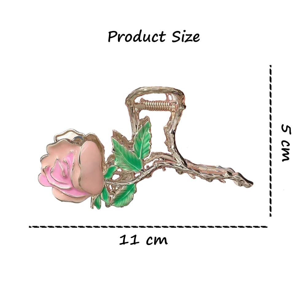 S.A.V.I Gold Rose Hair Claw Clip for Women & Girls | Pink Enamel Flower Clutcher with Green Leaves | 11x5 cm Metal Hair Accessory for Party, Wedding, Daily | Stylish Floral Design