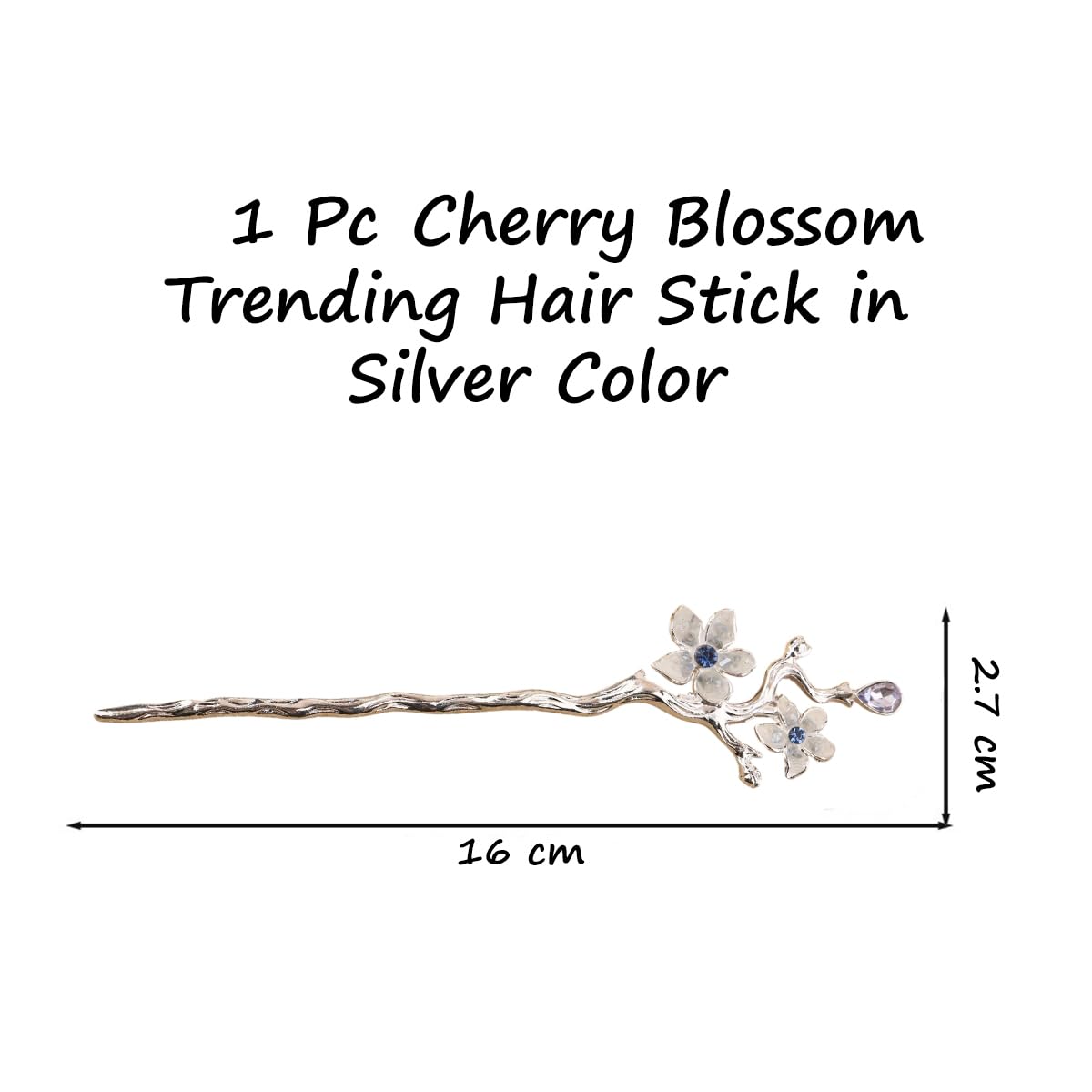 S.A.V.I Silver Cherry Blossom Hair Stick for Women & Girls | 16cm Floral Bun Pin with Crystal Accents | Elegant Traditional & Party Hair Accessory