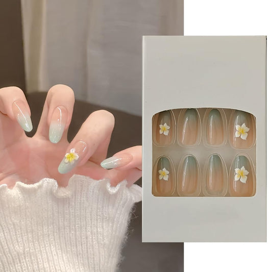 S.A.V.I 24 Pcs Long Almond Artificial Nails for Women & Girls | Gradient Nude & Green Press On Nails with 3D Flower Design | Reusable False Nail Tips with Glue & Adhesive Tabs | DIY Nail Art Set