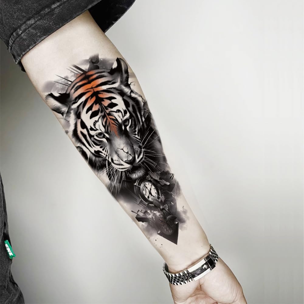 S.A.V.I 3 Majestic Lion & Tiger Temporary Tattoo Sheets for Men & Women | Large 21x11cm Arm Sleeve Stickers | Realistic Black & Orange Flame Body Art | Safe, Non-Toxic & Long Lasting (Wild-1)