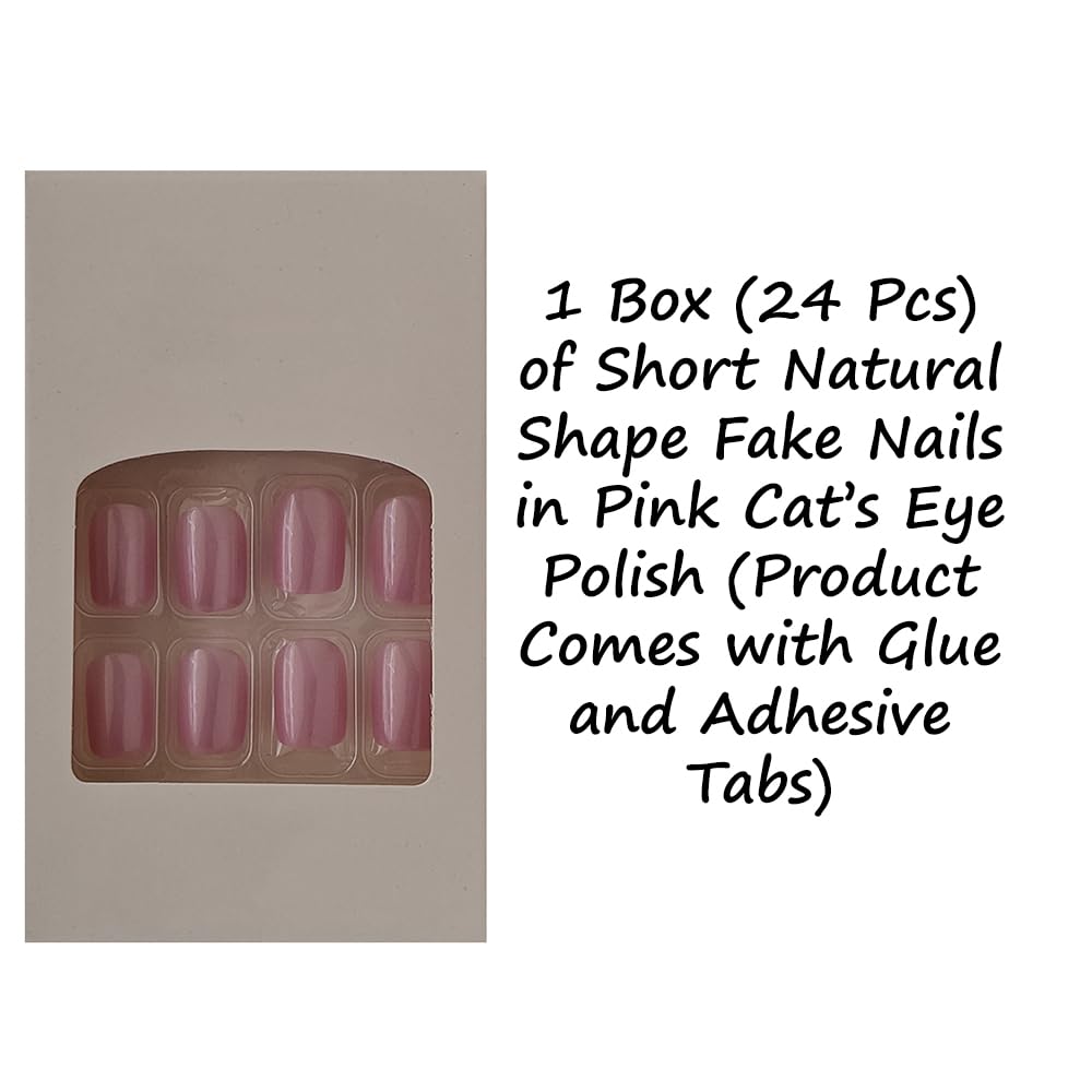 S.A.V.I 24 Pcs Short Natural Shape Pink Cat’s Eye Glossy Fake Nails for Women | Reusable DIY Nail Art Nail Tips with Glue & Adhesive Tabs – Salon-Quality Press On Nails