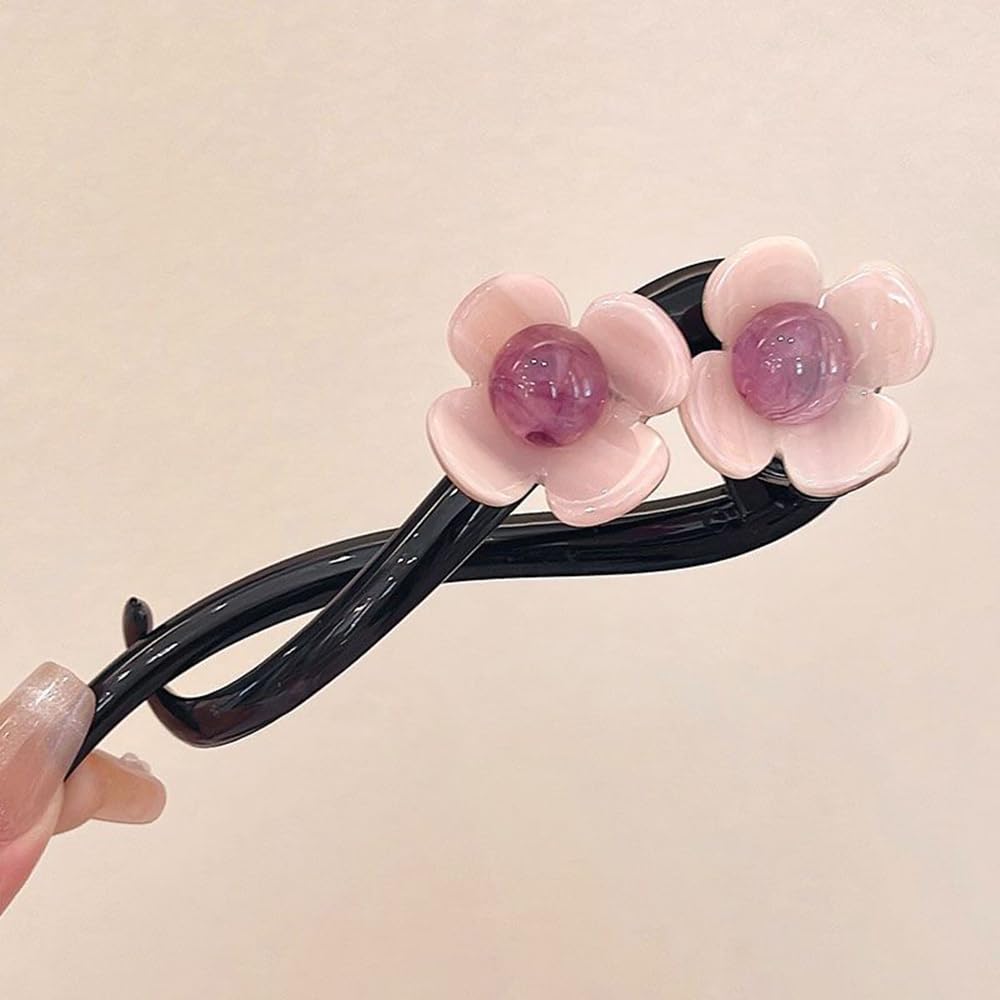 S.A.V.I Stylish 11cm Pink Floral Hair Clutcher for Women | Black Acrylic Hair Clip with Dual Flower Design | Strong Grip Clutch for Daily, Office, Casual & Party Hairstyles