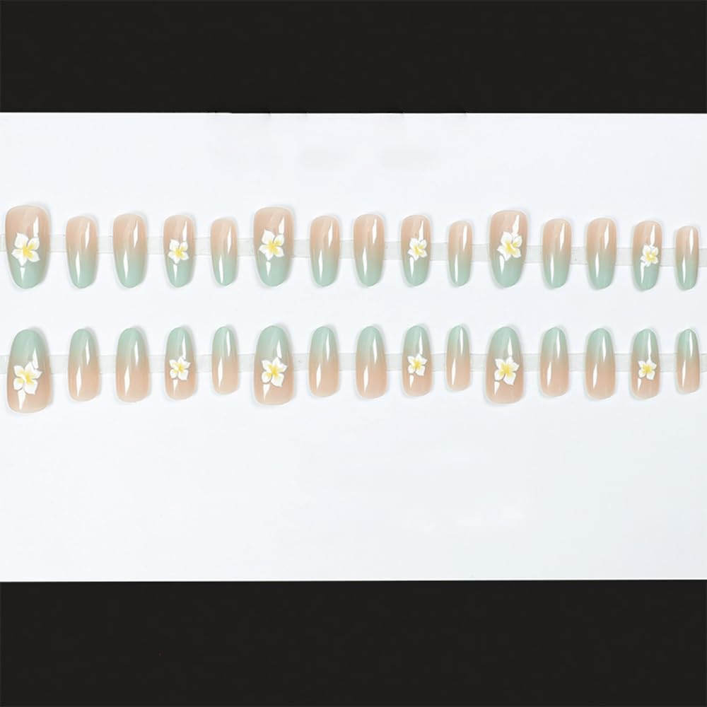 S.A.V.I 24 Pcs Long Almond Artificial Nails for Women & Girls | Gradient Nude & Green Press On Nails with 3D Flower Design | Reusable False Nail Tips with Glue & Adhesive Tabs | DIY Nail Art Set