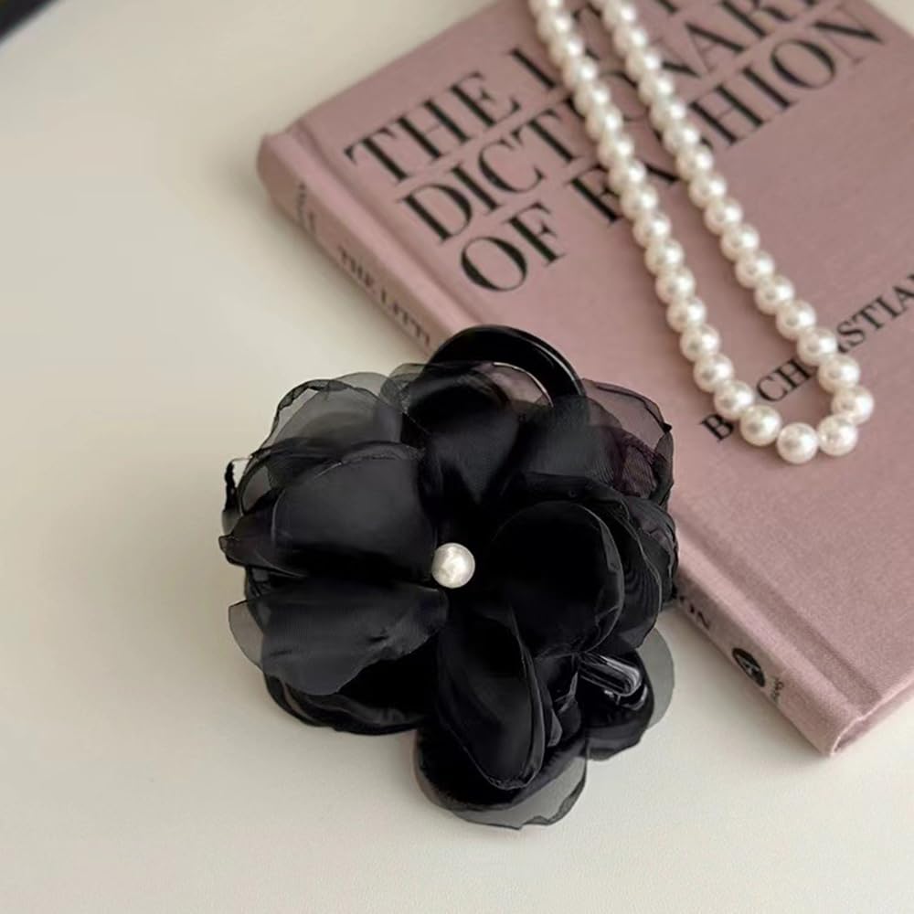S.A.V.I Black Flower Hair Claw Clip for Women & Girls | Pearl Centered Floral Hair Accessory | 8cm Stylish Hair Clip for Bun, Party, Wedding & Daily | Elegant Hair Styling Clip