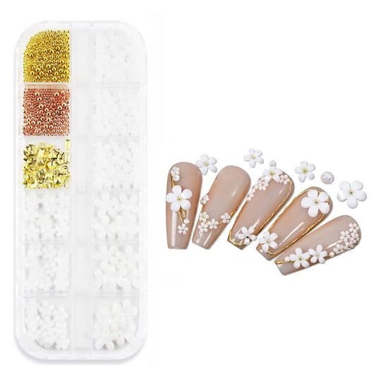 S.A.V.I 12 Grids 3D Five Petal White Flowers Gold Rose Gold Metal Beads Nail Art