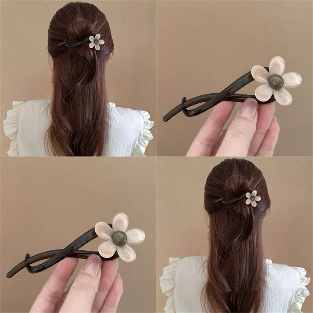 S.A.V.I Elegant 11cm Hair Clip for Women & Girls | White Flower with Pearl Center | Brown Tortoiseshell Acrylic Barrette | Stylish Floral Hair Accessory for Party, Ethnic & Daily