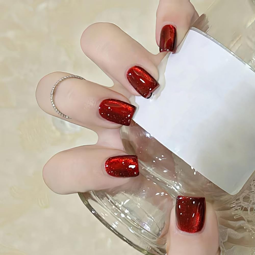 S.A.V.I 24 Pcs Short Red Cat’s Eye Glossy Press On Nails – Natural Shape – Reusable Fake Nails with Nail Glue & Adhesive Tabs – DIY Salon-Quality Manicure at Home