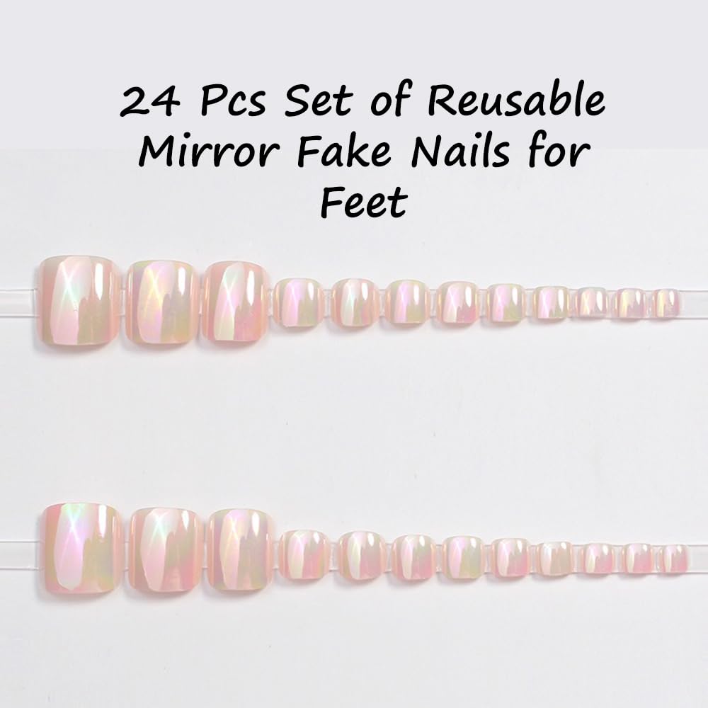 S.A.V.I 24 Pcs Aurora Mirror Effect Fake Toe Nails | Reusable Short Square Pedicure Nail Tips with Adhesive Tabs & Glue | Shiny Iridescent Pink Press On Nail Art Set for Women & Girls