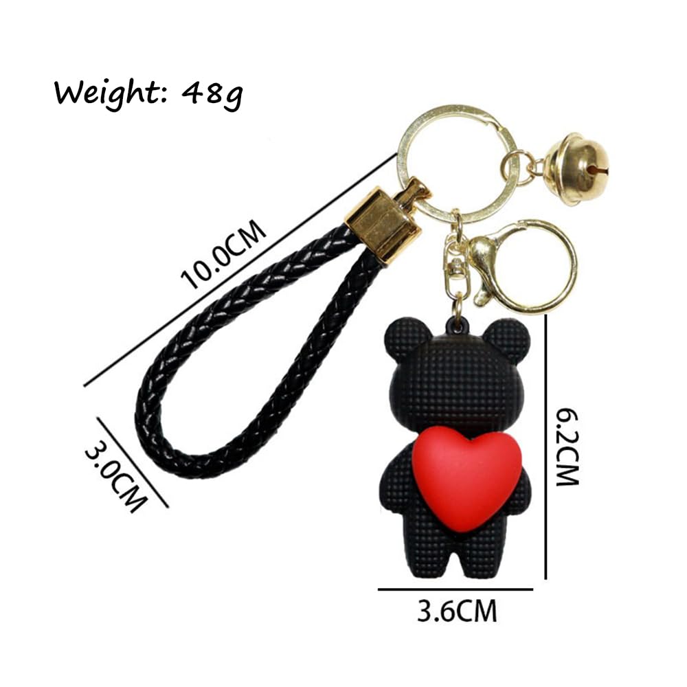S.A.V.I Cute Pink Bear Keychain with Heart Charm | Resin Mini Teddy Pendant 6cm | Braided PU Leather Wrist Strap | Lightweight Gold Key Ring for Girls, Women (Black)