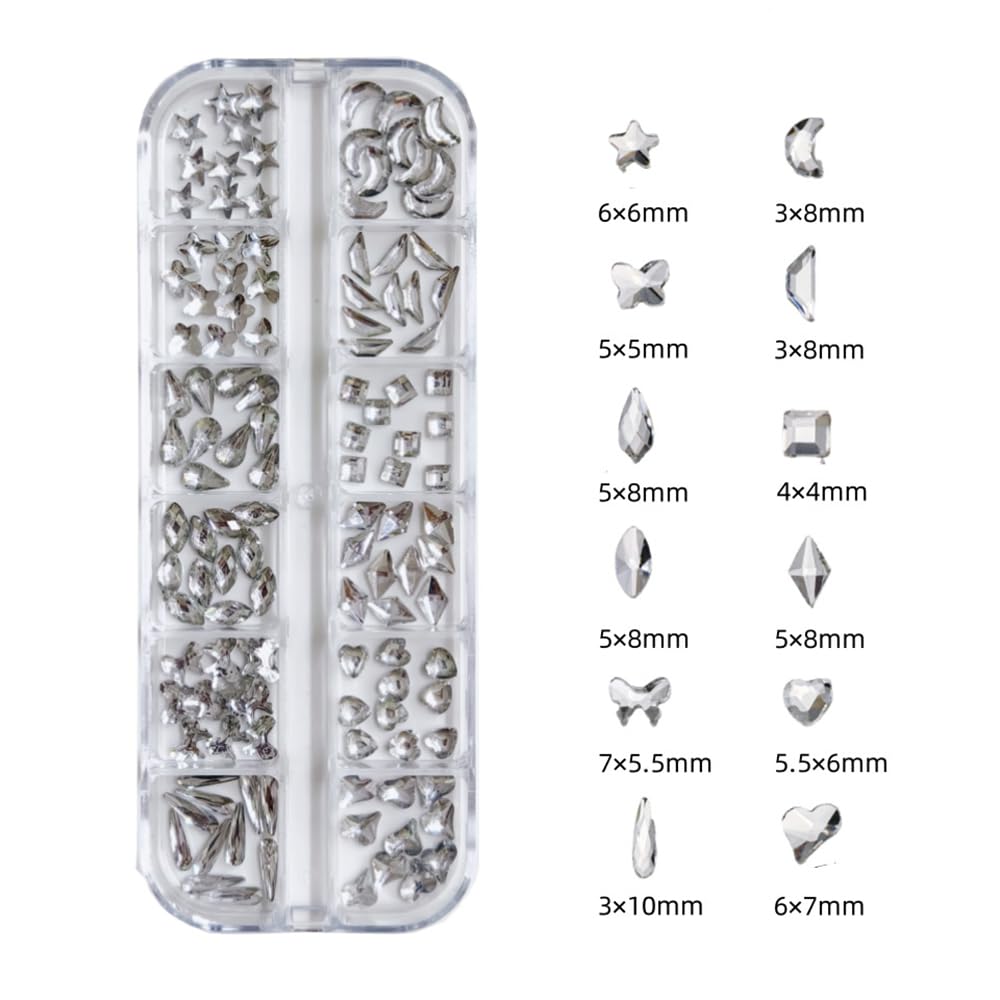 S.A.V.I White 3D Resin Rhinestones for Nail Art – 12 Shapes Box | Mixed Sizes 3mm-10mm | Nail Decoration Gems for DIY Manicure & Pedicure Design, Crafts, Jewelry Making (12 Sections)