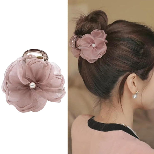 S.A.V.I Elegant Pink Rose Hair Clutch Clip for Women  Girls | 8 cm Lace Design with Pearl Center | Stylish Bun  Updo Hair Accessory | Parties, Weddings