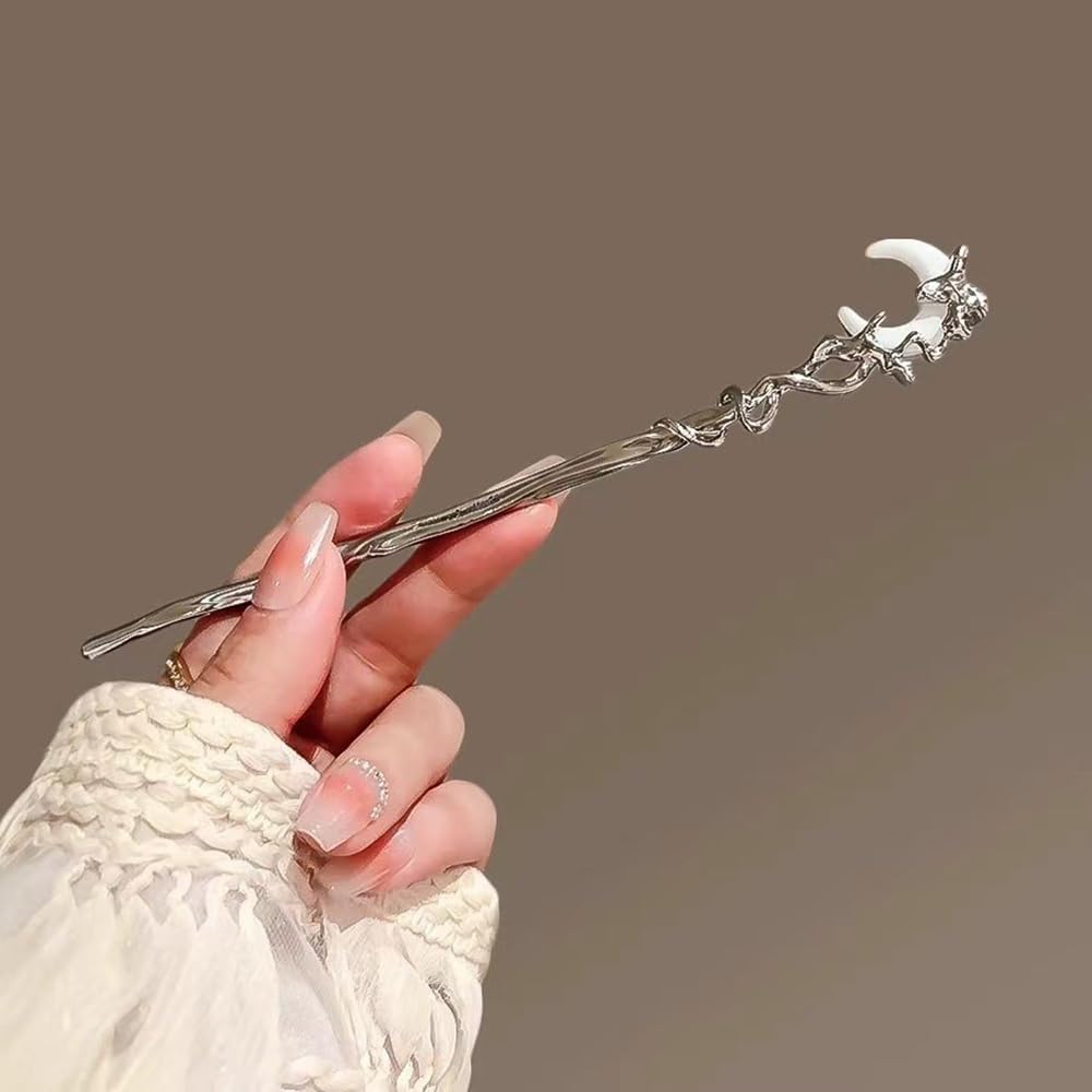 S.A.V.I Silver Metal Hair Stick for Women | 16.5cm Elegant Hair Pin for Bun | Moon Design Juda Stick | Traditional & Party Hair Accessory for Girls & Ladies