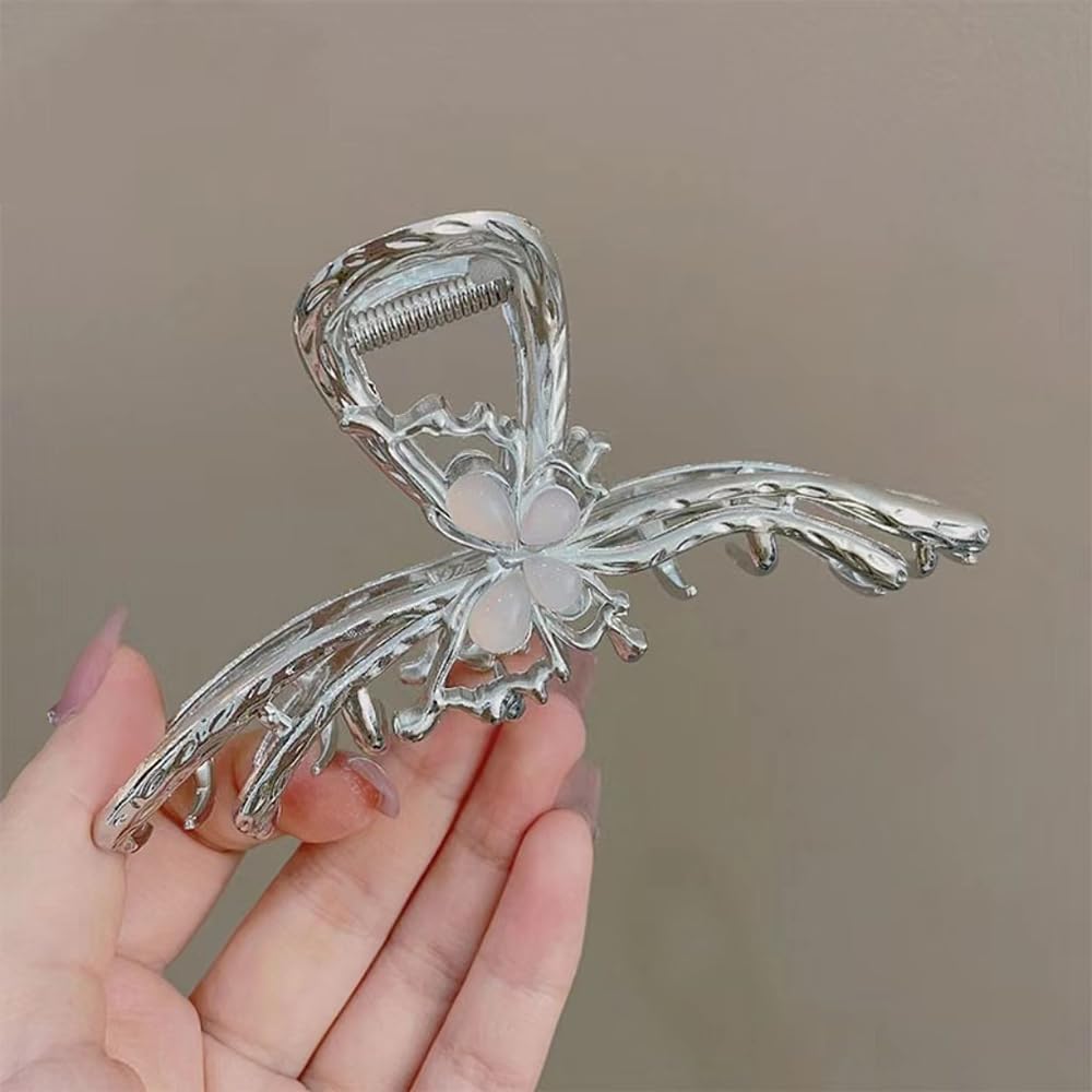 S.A.V.I Silver Butterfly Hair Claw Clip for Women & Girls | 11.5cm Large Metal Clutcher for Thick Hair | Strong Grip Floral Design Bun Holder | Stylish Hair Accessory for Daily