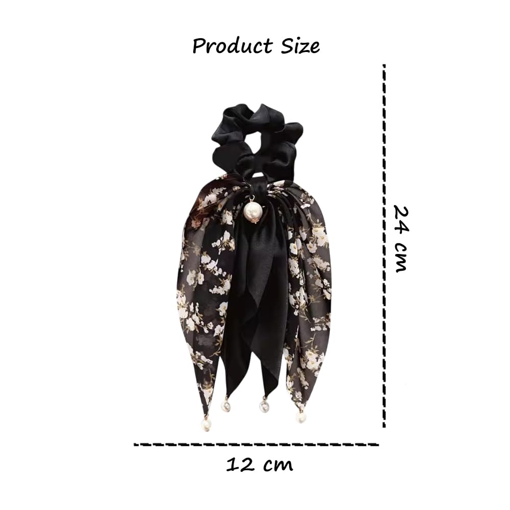 S.A.V.I Black Floral Hair Scrunchie for Women & Girls | Satin & Chiffon Bow with Pearl | Stylish Ponytail Holder | Elegant Rubber Band for Daily, Party & Ethnic | 24x12 cm