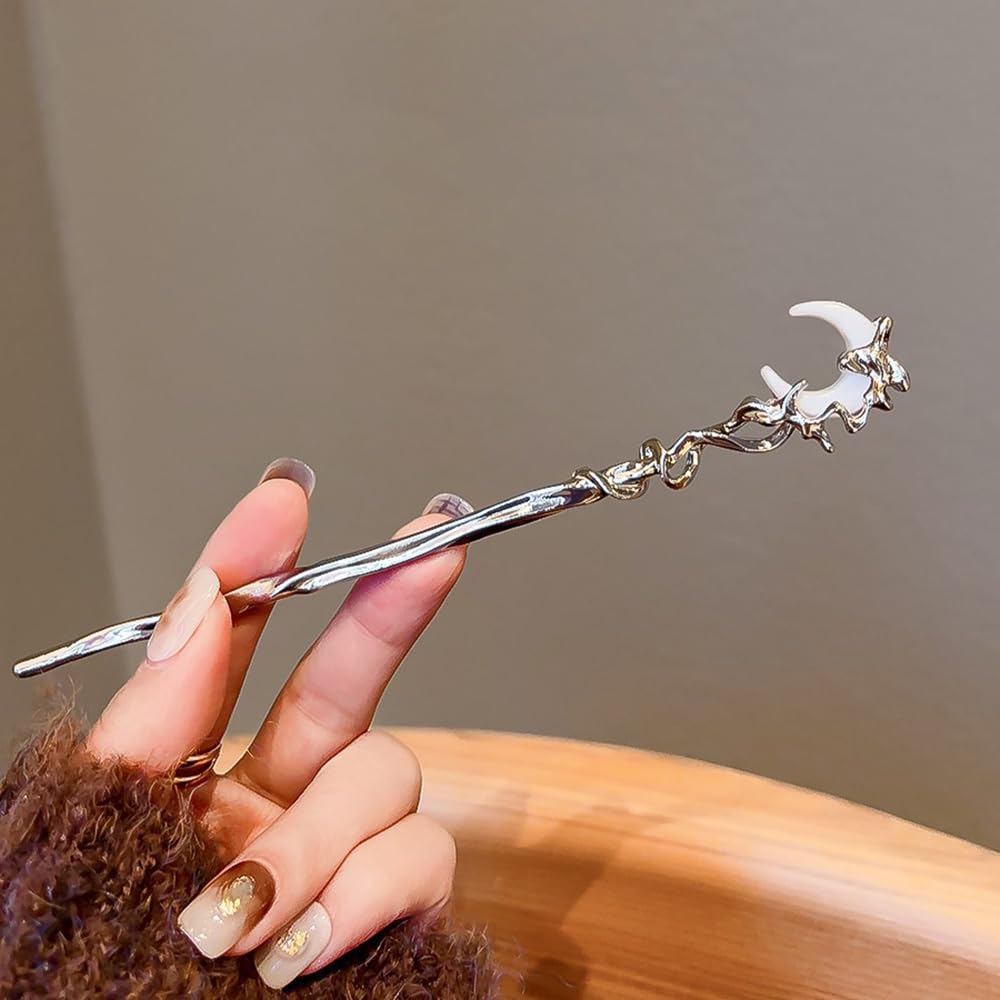 S.A.V.I Silver Metal Hair Stick for Women | 16.5cm Elegant Hair Pin for Bun | Moon Design Juda Stick | Traditional & Party Hair Accessory for Girls & Ladies