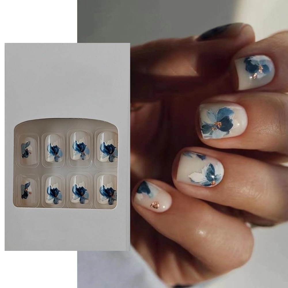 S.A.V.I 24 PCs Reusable Short Natural Shape Nude Flower Print Press-on Fake Nails DIY Manicure Set - Easy Application, Durable  Stylish False Nails for Salon-Quality at Home