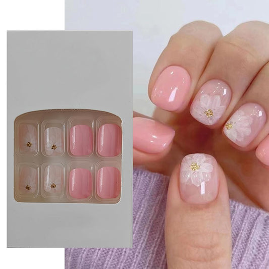 S.A.V.I 24 PCs Reusable Press-on Fake Nails - Short Natural Shape Peach and Flower Print - DIY Manicure Kit for Quick  Easy Nail Art - Long-lasting  Durable - for Home  Salon Use