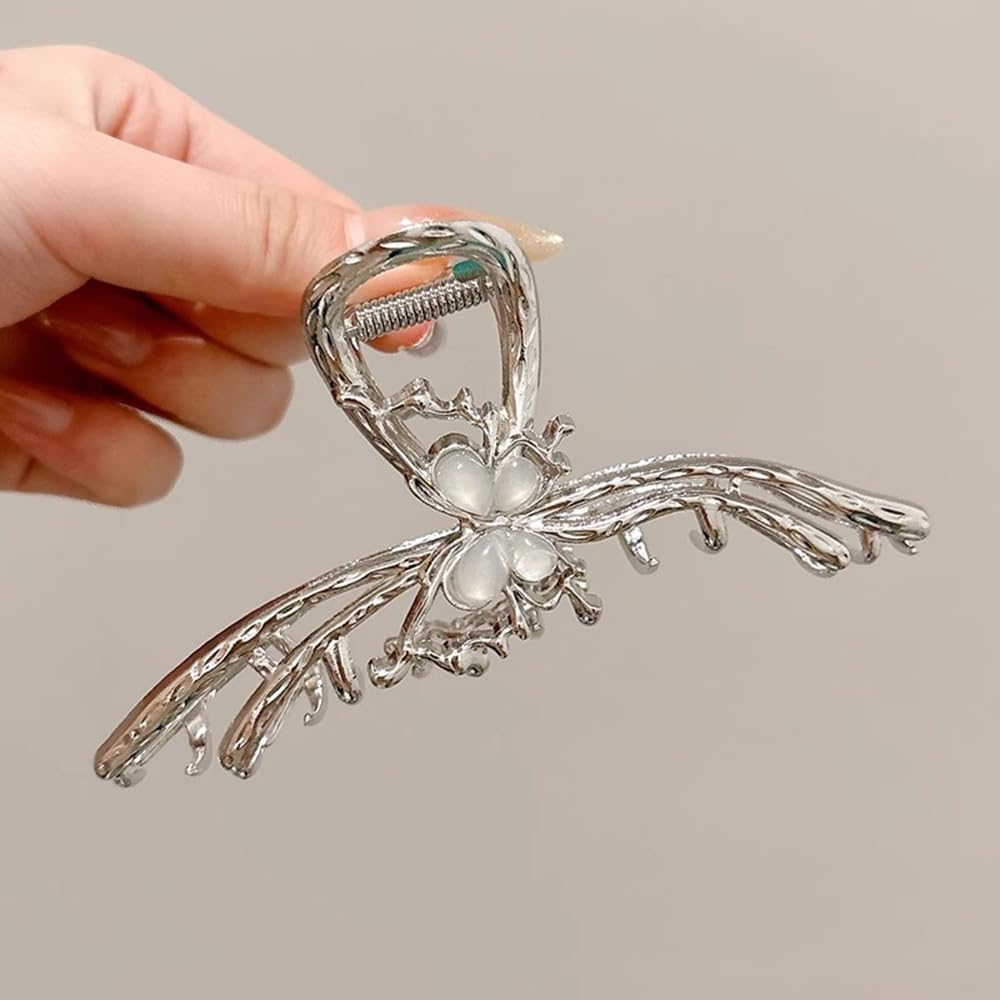 S.A.V.I Silver Butterfly Hair Claw Clip for Women & Girls | 11.5cm Large Metal Clutcher for Thick Hair | Strong Grip Floral Design Bun Holder | Stylish Hair Accessory for Daily