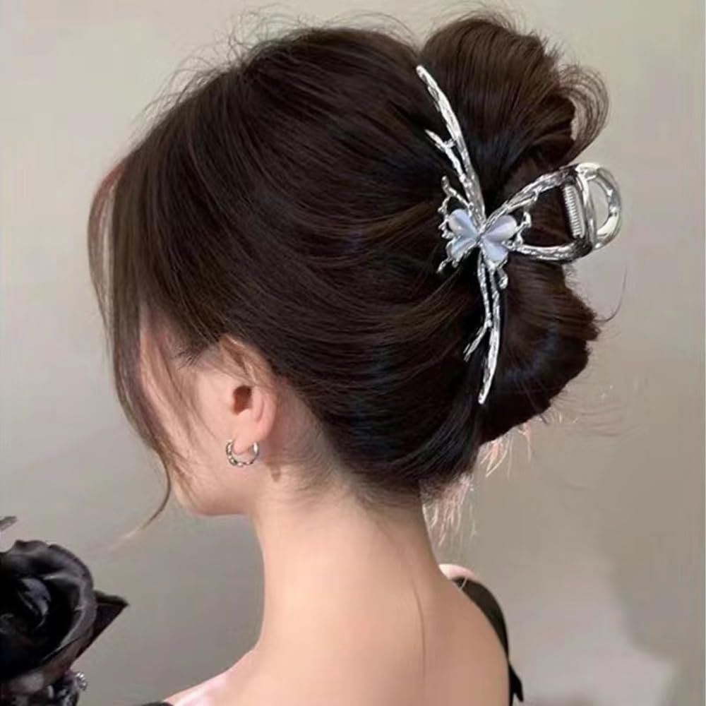 S.A.V.I Silver Butterfly Hair Claw Clip for Women & Girls | 11.5cm Large Metal Clutcher for Thick Hair | Strong Grip Floral Design Bun Holder | Stylish Hair Accessory for Daily