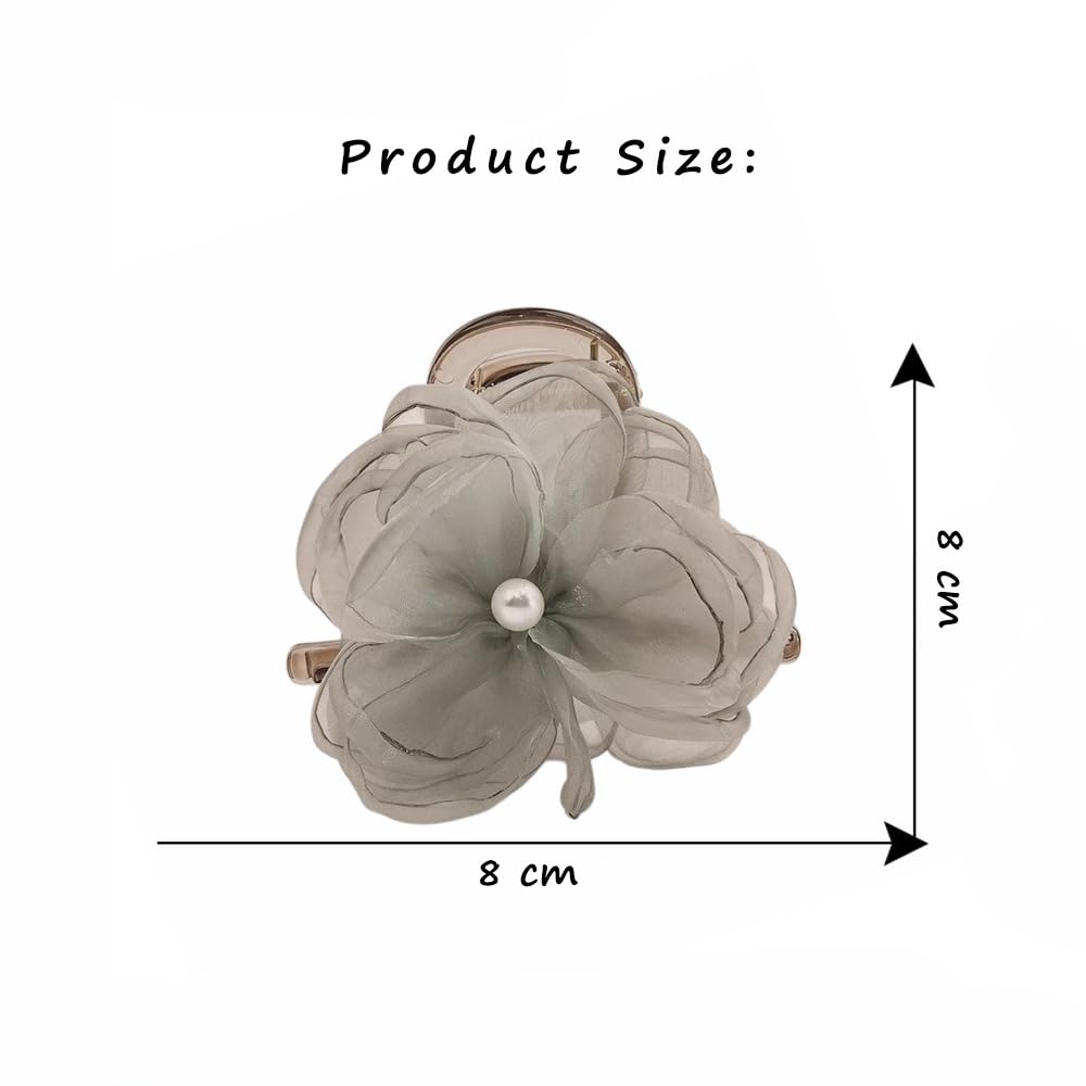 S.A.V.I Grey Flower Hair Claw Clip for Women & Girls | 8cm Fabric Floral Design with Pearl Center | Stylish Hair Accessory for Daily, Party, Festive & Traditional Outfits