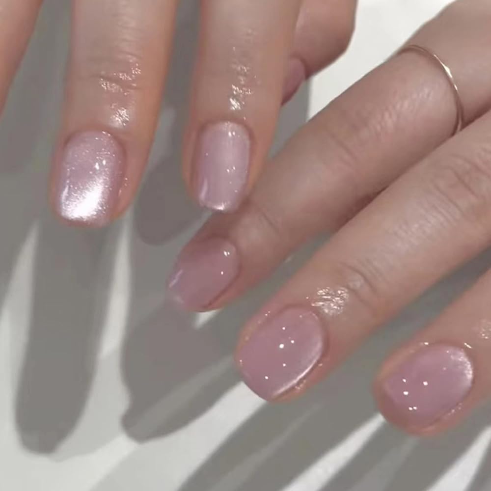 S.A.V.I 24 Pcs Short Natural Shape Pink Cat’s Eye Glossy Fake Nails for Women | Reusable DIY Nail Art Nail Tips with Glue & Adhesive Tabs – Salon-Quality Press On Nails