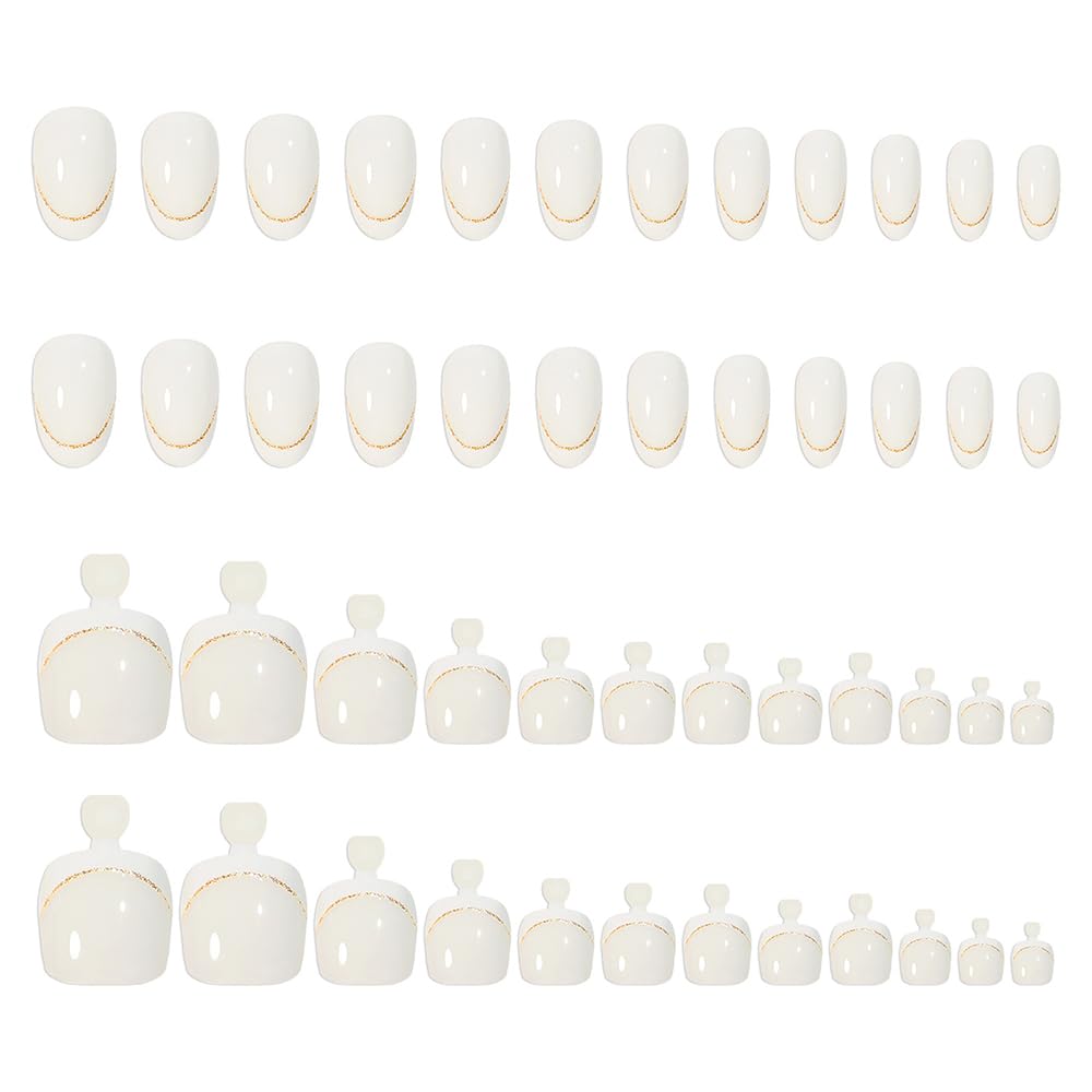 S.A.V.I 48 Pcs Off White French Tip Press On Nails Set for Hands & Feet | Medium Oval & Square Shape | Gold Glitter Line | Reusable Nail Art Kit with Adhesive Tabs & Nail File