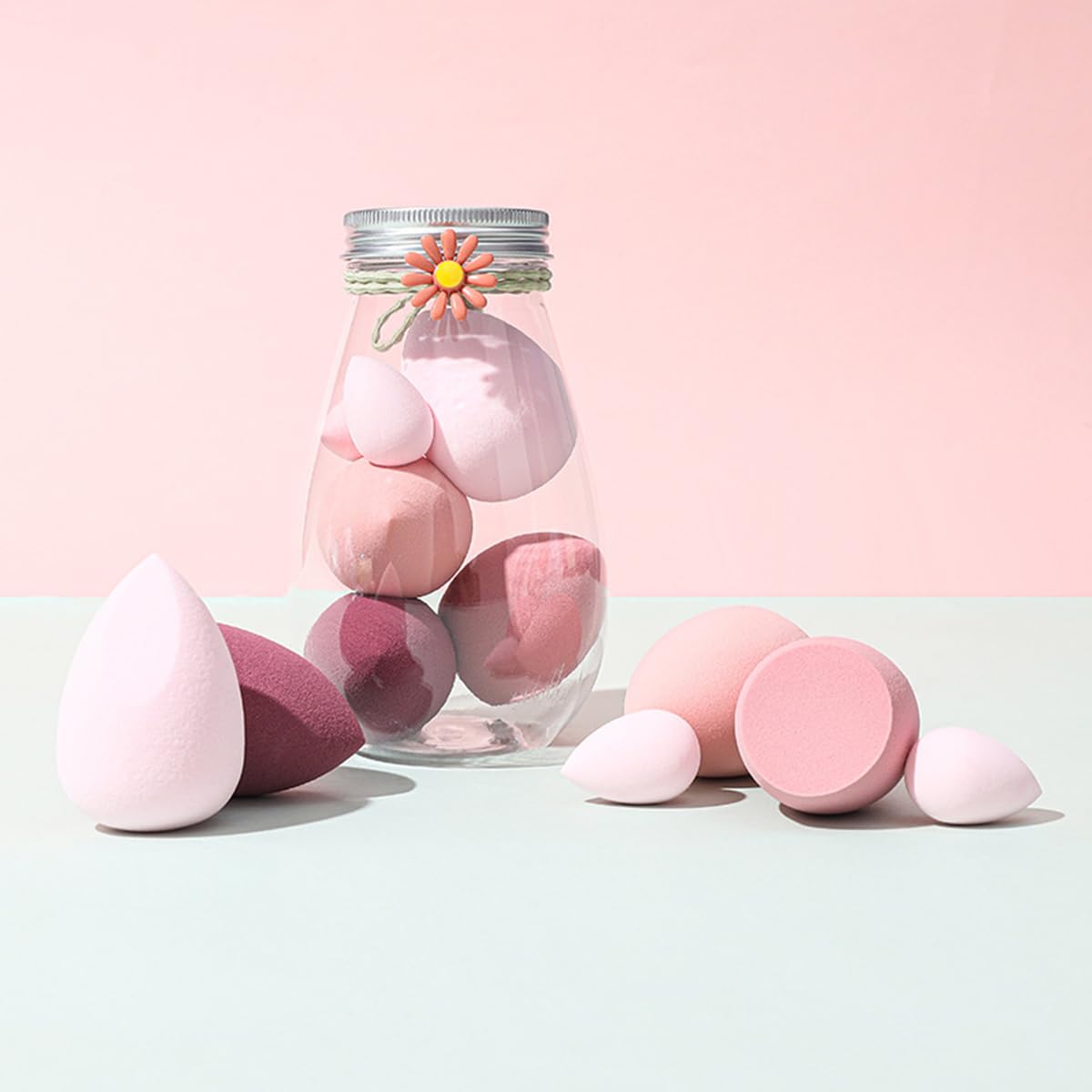 S.A.V.I 6 Pcs Pink Beauty Blender Makeup Sponge Set | Soft Egg-Shaped Foundation & Concealer Puff | Latex-Free, Reusable, Wet & Dry Use | Seamless Blending for Face & Base (4 Large + 2 Small) with Jar (Pink)