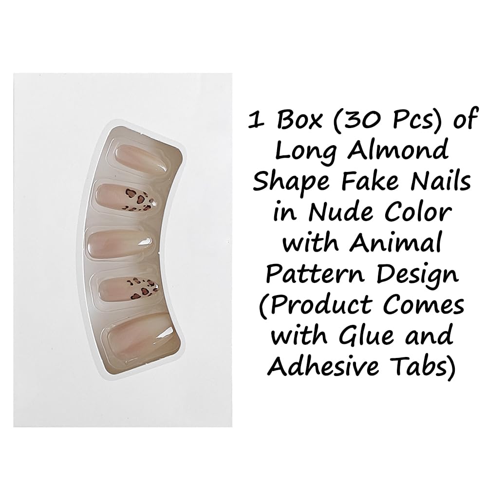 S.A.V.I 30 Pcs Nude Almond-Shaped Press-On Fake Nails with Animal Print – Salon-Quality Long-Lasting Manicure with Nail Glue & Adhesive Tabs – Easy to Apply at Home