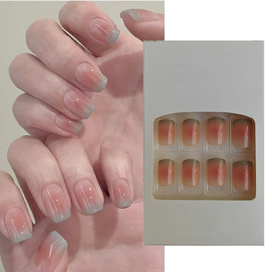 S.A.V.I 24 Pcs Short Blush Mint Gradient Press-On Nails | Soft Square False Nails for Women  Girls | Glossy, Reusable, Easy to Apply Artificial Nail Set | DIY Salon-Style Manicure at Home