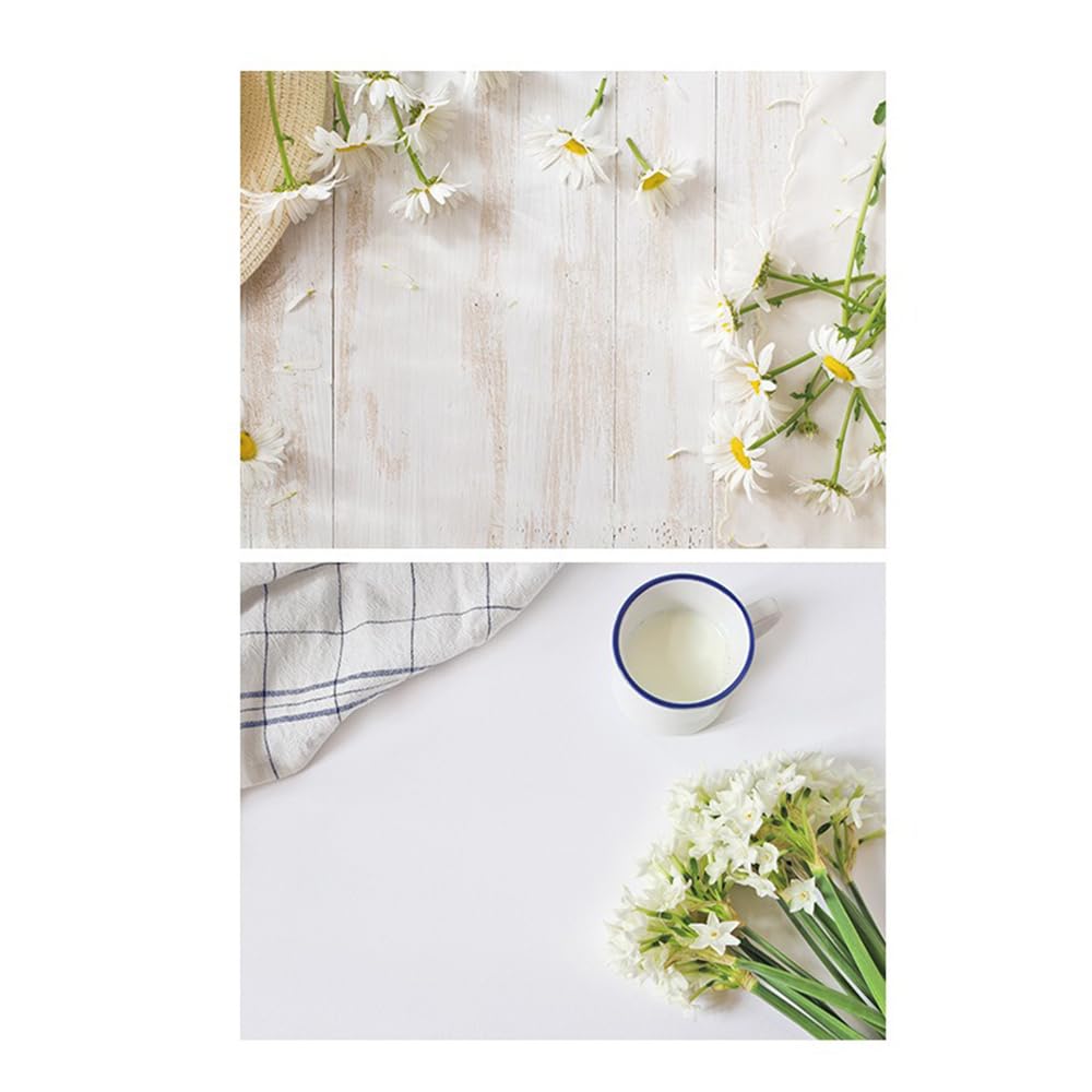 SAVIAURA 2-in-1 SAVIAURA 3D Double-Sided Photography Backdrop | Waterproof | 1 Sheet | Printed Prop Patterns (#37- White Flowers Wooden Plank Surface Pattern)