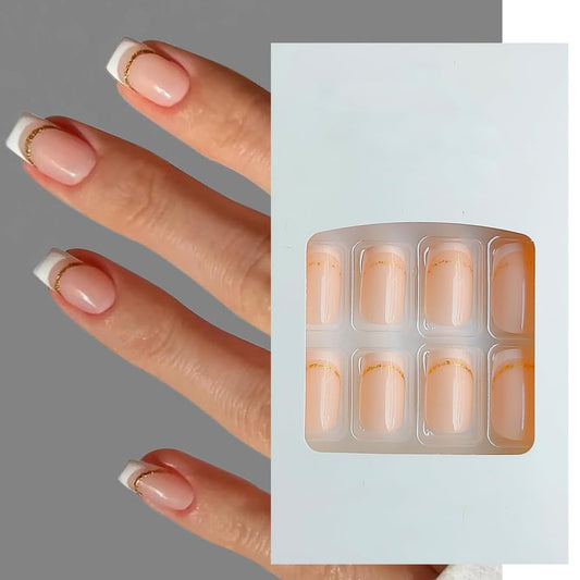 S.A.V.I 24Pc Glitter French Manicure Fake Nails - Medium Square Press-On, White