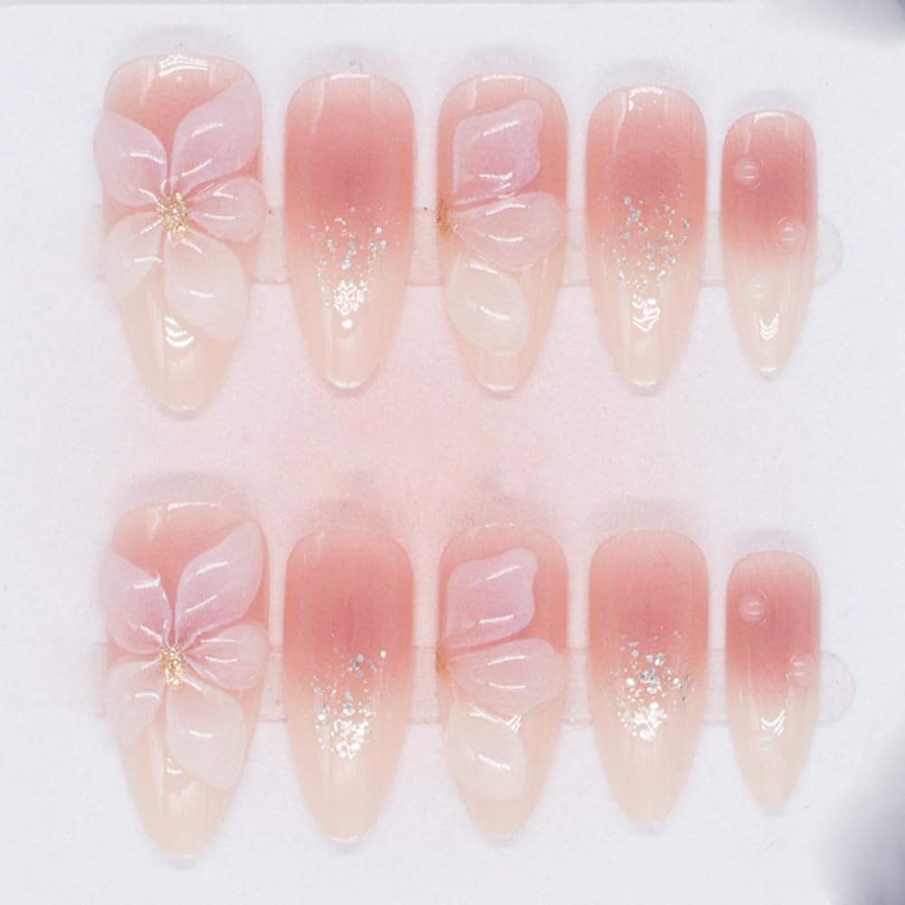 S.A.V.I 24Pcs Long Almond Fake Nails Nude Blush Gradient with 3D Flower, Glitter Tips – Reusable Press On Acrylic Nails Set with Glue & Tabs for Women & Girls – Nail Art Extension