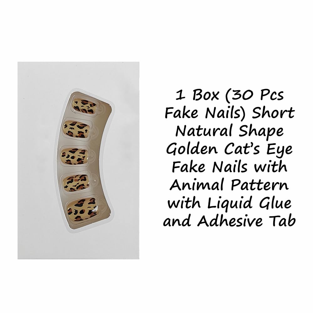 S.A.V.I 30 Pcs Short Natural Shape Golden Cat’s Eye Animal Print Press-On Fake Nails for Women & Girls | Stylish Nail Art Set | Reusable, Easy Application | Includes Nail Glue & Adhesive Tabs
