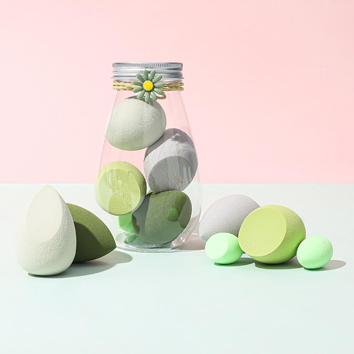 S.A.V.I 6 Pcs Green Beauty Blender Makeup Sponge Set | Soft Egg-Shaped Foundation & Concealer Puff for Flawless Blending | Latex-Free, Reusable, Wet & Dry Use | 4 Large + 2 Mini Sponges with Storage Jar (Green)