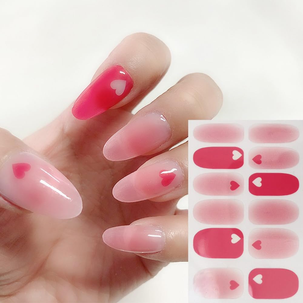 S.A.V.I 12PCS - Nail Stickers Gel Effect, Translucent Red  Pink with Heart Print, Full Cover Nail Art Decoration