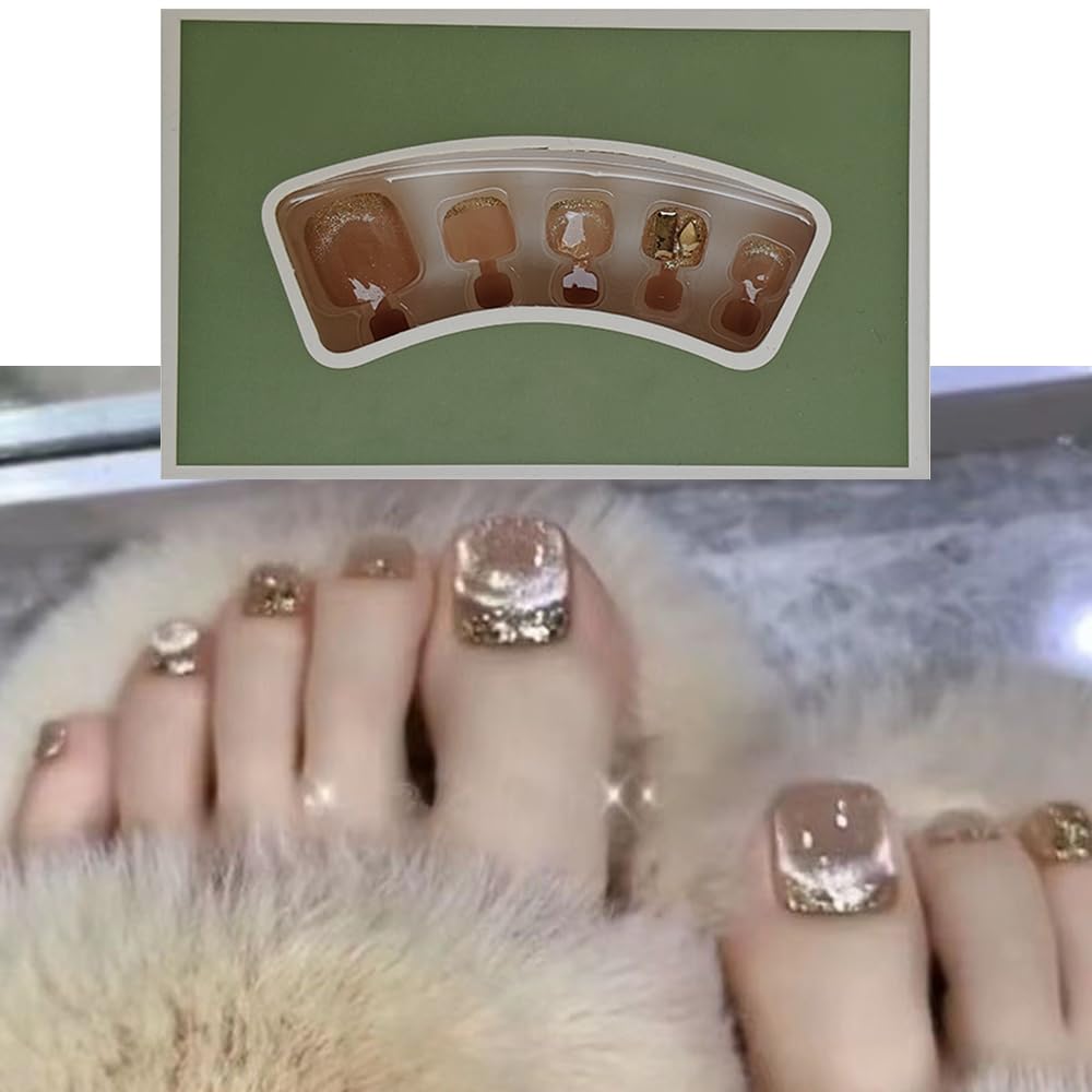 S.A.V.I 24 PCs Nude Cat's Eye Toe Nails Set - Short Natural Square Shape | Big Crystal Glitter Finish | Reusable False Toe Nails for Women | Party, Wedding DIY Kit