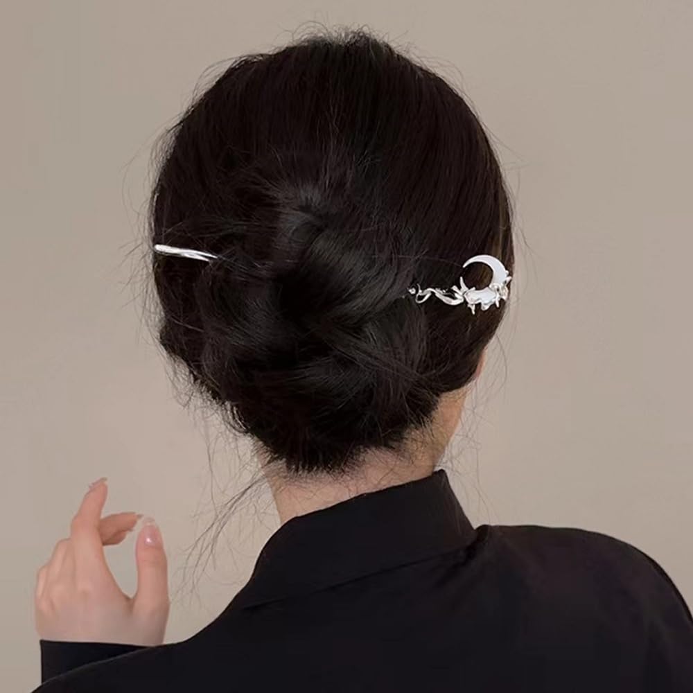 S.A.V.I Silver Metal Hair Stick for Women | 16.5cm Elegant Hair Pin for Bun | Moon Design Juda Stick | Traditional & Party Hair Accessory for Girls & Ladies