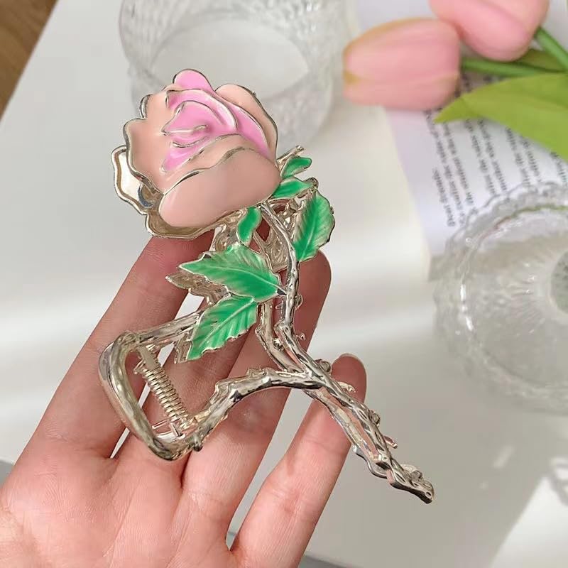 S.A.V.I Gold Rose Hair Claw Clip for Women & Girls | Pink Enamel Flower Clutcher with Green Leaves | 11x5 cm Metal Hair Accessory for Party, Wedding, Daily | Stylish Floral Design