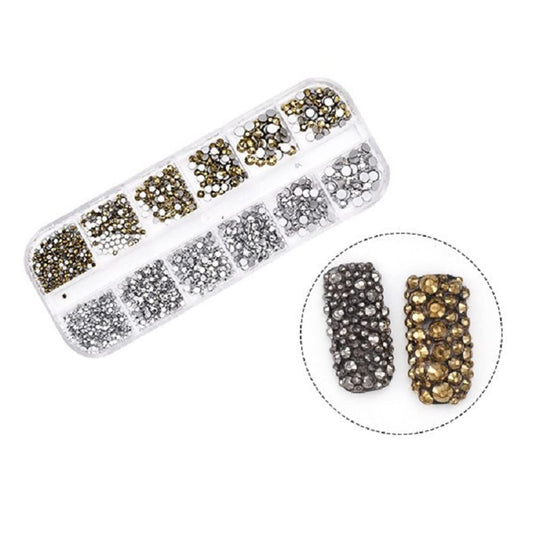 S.A.V.I Nail Art Palette Silver and Antique Gold 12 Sizes Glass Crystals Stones Rhinestones Nail Art Design DIY