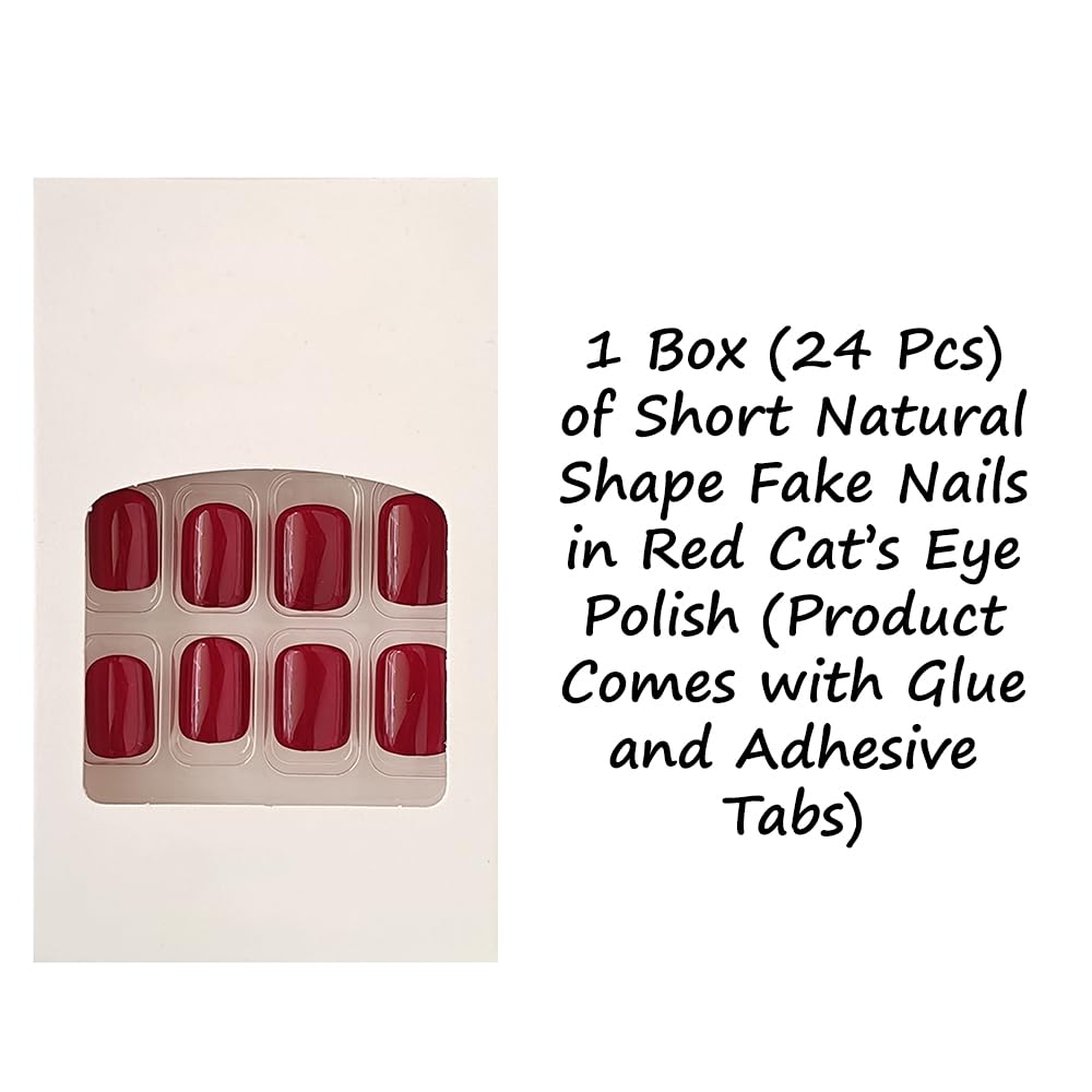 S.A.V.I 24 Pcs Short Red Cat’s Eye Glossy Press On Nails – Natural Shape – Reusable Fake Nails with Nail Glue & Adhesive Tabs – DIY Salon-Quality Manicure at Home